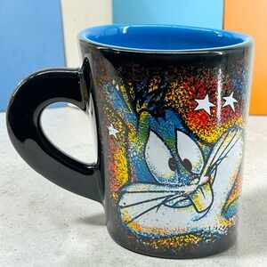 Six Flags Bugs Bunny Coffee Slanted Mug Looney Tunes Black Splatter Art 2010